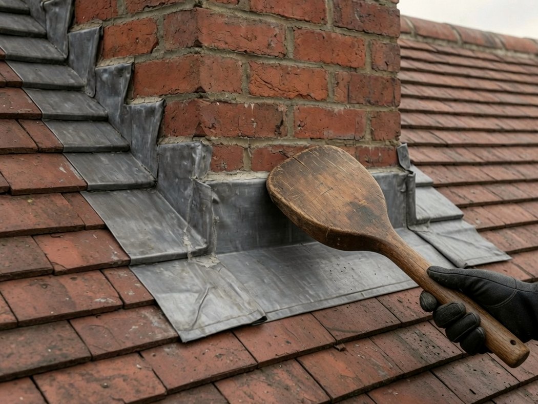 Lead flashing being dressed around a brick chimney on a tiled roof