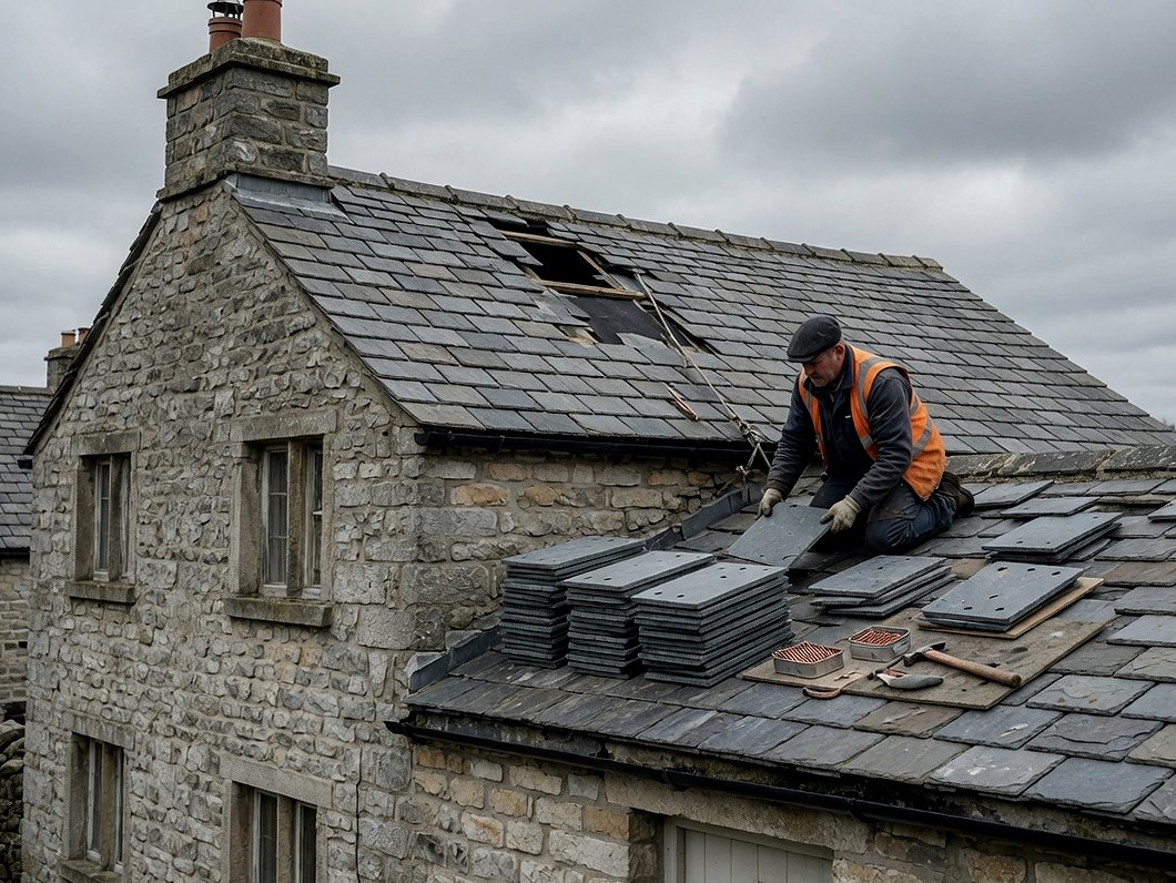 Roofer replacing grey slates on a stone cottage roof