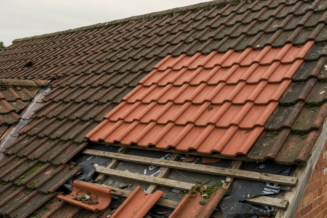 New clay pantiles set into an older pantile roof where damaged tiles were removed