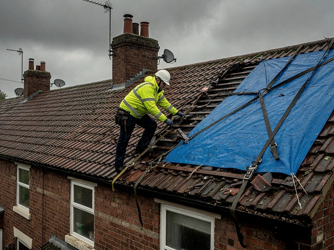 Roofer securing a blue tarpaulin over a storm-damaged section of a tiled house roof