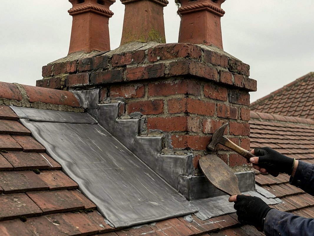 Lead flashing being dressed around the base of a brick chimney on a tiled roof