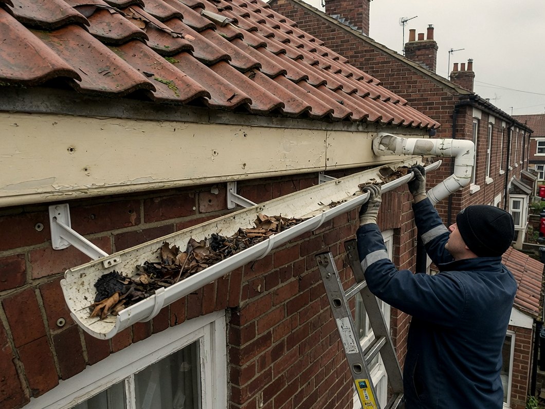 Tradesperson on a ladder resetting a leaf-filled gutter at the eaves of a clay-tiled brick house