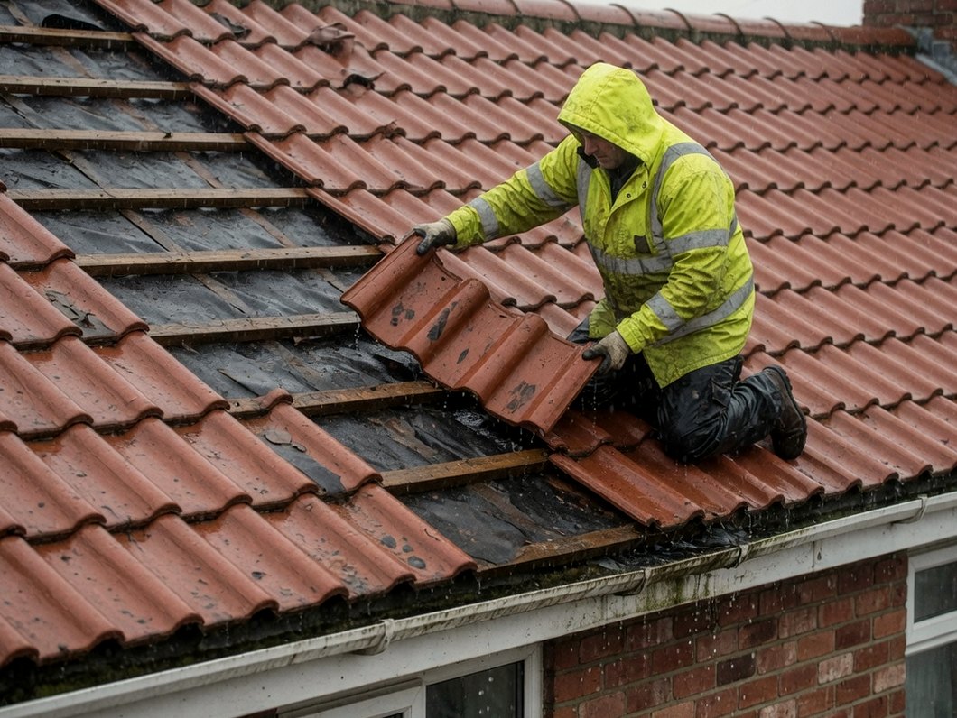 Roofer lifting wet clay tiles on a leaking pitched roof in the rain, with water running from the eaves