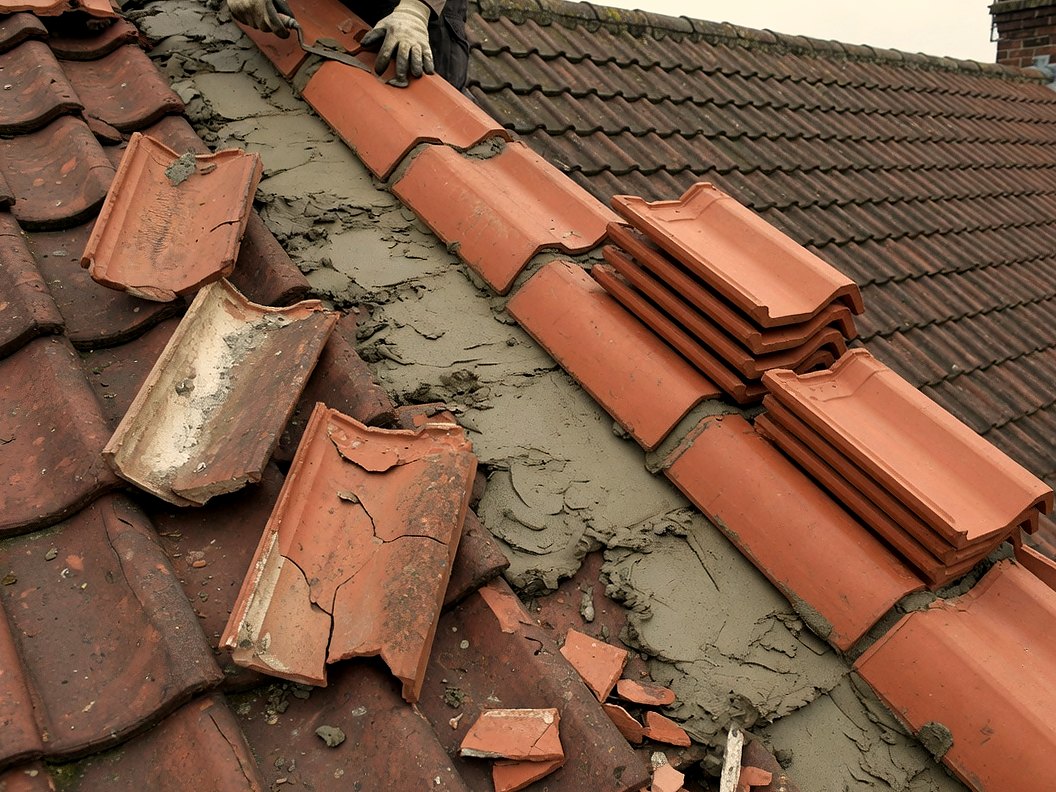 Roofer re-bedding terracotta ridge tiles with mortar along the apex of a clay-tiled roof