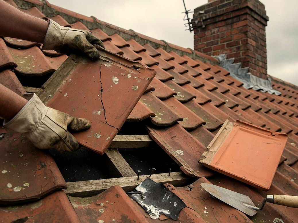 Gloved hands lifting a cracked clay roof tile from battens on a pitched roof